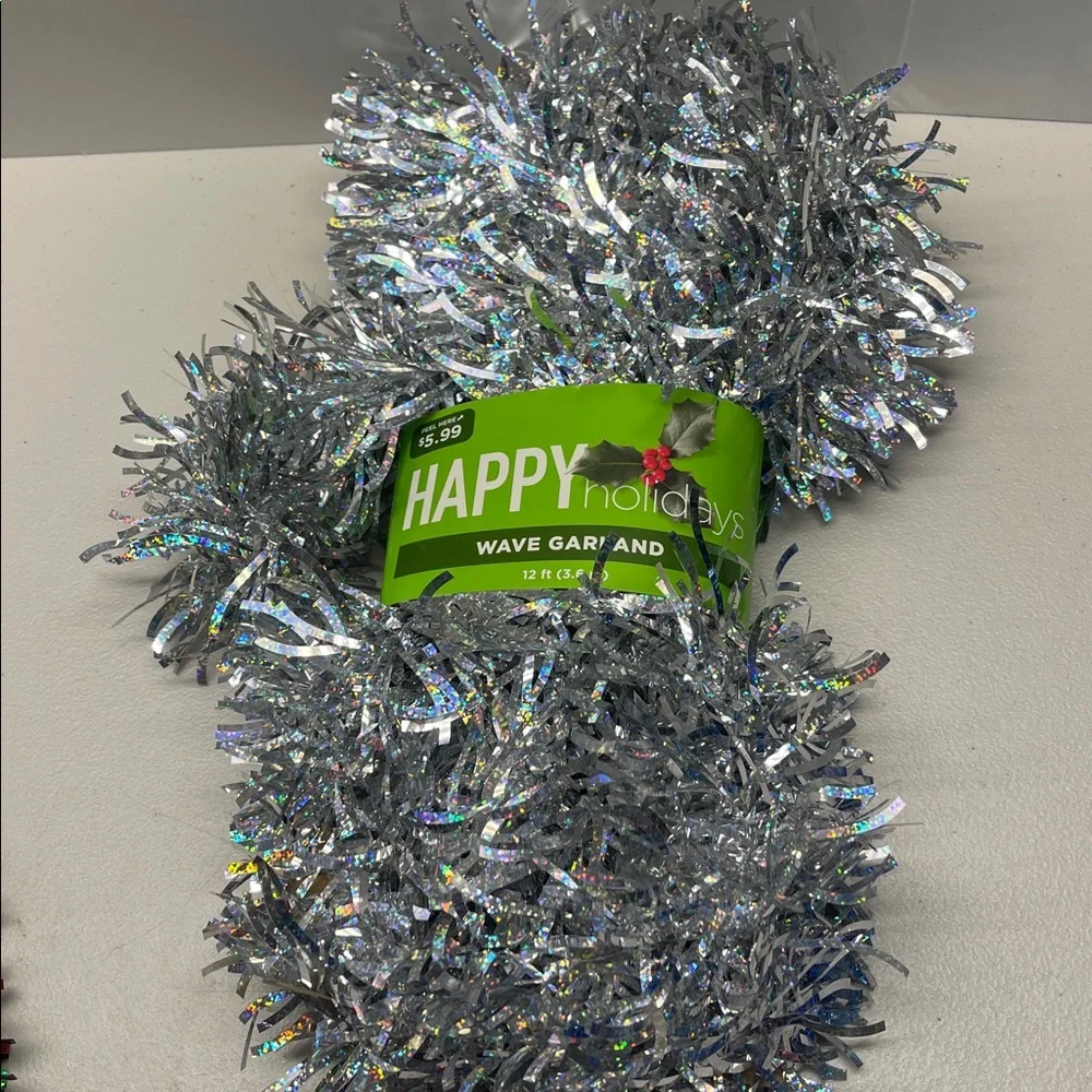 Bundle of 3 Festive Tinsel Garland Set - Red, Silver, Blue